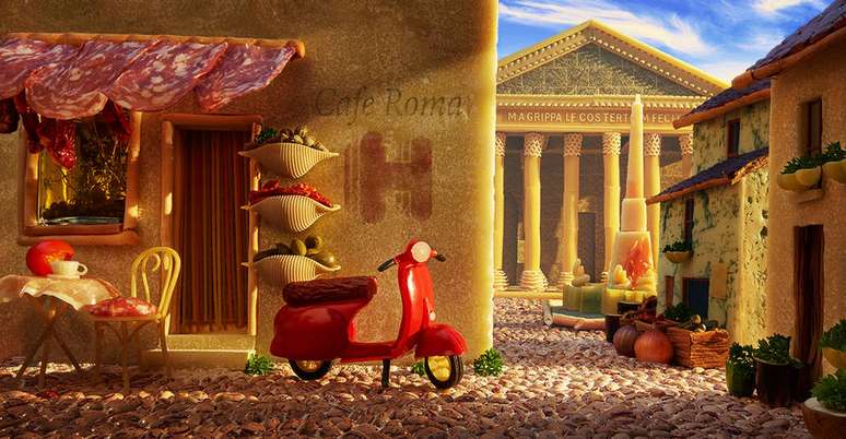 Salame, macarrão e queijo parmesão reconstroem uma rua de paralelepípedos e o Panteão romano