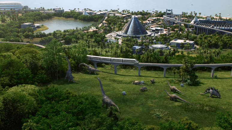 Ver um parque grande e funcionando é uma das maiores alegrias de Jurassic World Evolution (Imagem: Divulgação/Frontier Developments)
