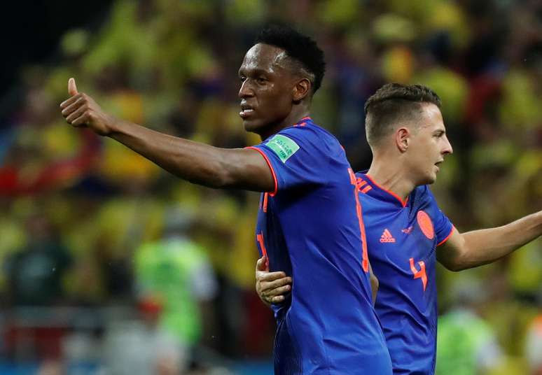 Yerri Mina, da Colômbia, comemora gol marcado contra a Polônia na Copa do Mundo
24/06/2018 REUTERS/Toru Hanai 