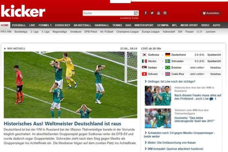 'Histórico! Alemanha eliminada!', diz o Kicker.