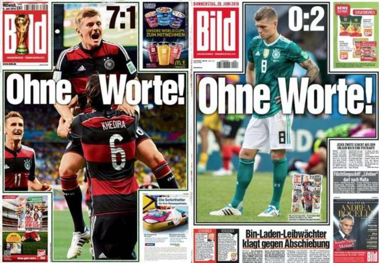 Capas do jornal 'Bild' após 7 a 1 e depois de eliminação na Copa de 2018