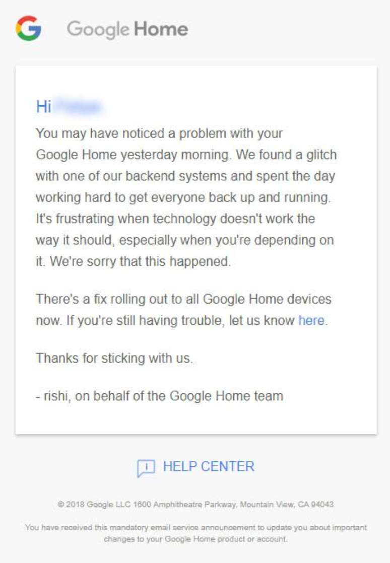 Aviso da Google enviado a usuários do Home (Foto: Reprodução)