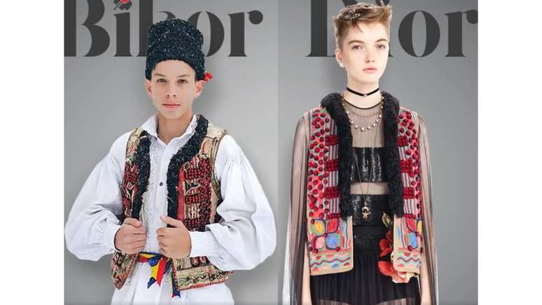 A região de Bihor produz casacos tradicionais como o usado pelo menino da esquerda há mais de cem anos; a Dior usou o modelo em uma de suas coleções (à dir.)