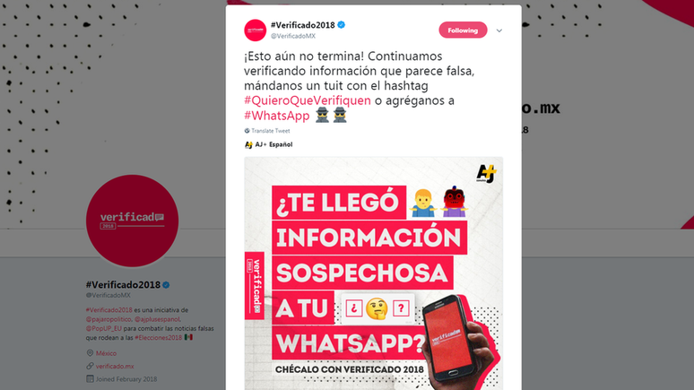 Verificado 2018, projeto mexicano, pede que usuários compartilhem as notícias falsas recebidas sobre as eleições / Imagem: reprodução Twitter Verificado 2018