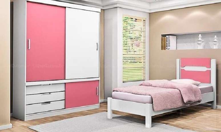 28. Decoração para quarto solteiro feminino com guarda roupa solteiro branco e rosa