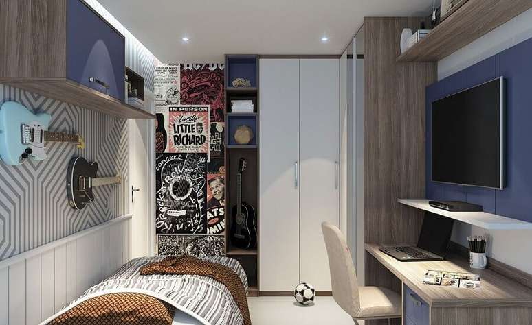 35. Guarda roupa solteiro branco para decora&ccedil;&atilde;o de quarto com tema de m&uacute;sica