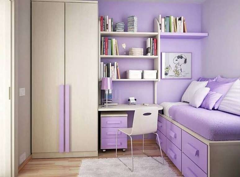 54. Decora&ccedil;&atilde;o para quarto solteiro feminino em tons de lil&aacute;s com guarda roupa modulado solteiro