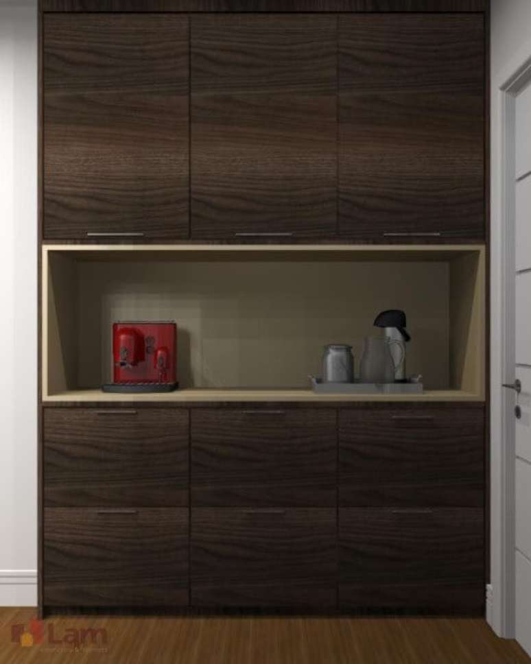 33. Arm&aacute;rio multiuso de madeira na cozinha. Projeto de Lam Arquitetura