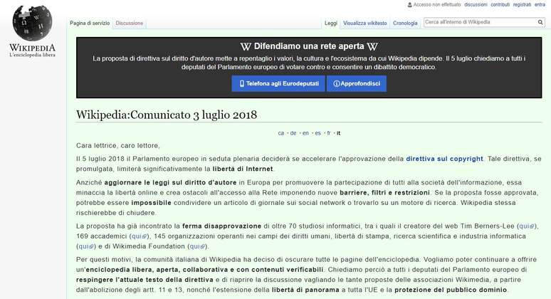 Mensagem de protesto publicada na versão em italiano da Wikipedia