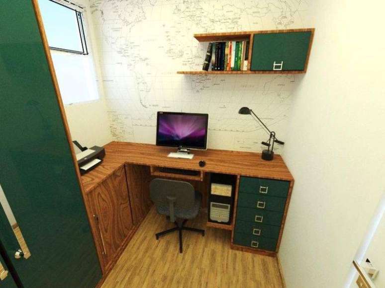 34. Mesa de canto para computador feita de madeira e com gaveta pintadas de verde