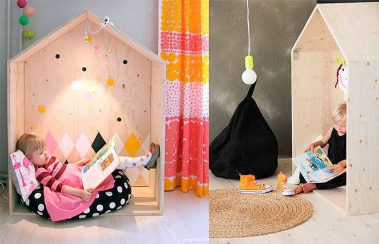 28 &ndash; Quarto montessoriano com cabaninhas de madeira