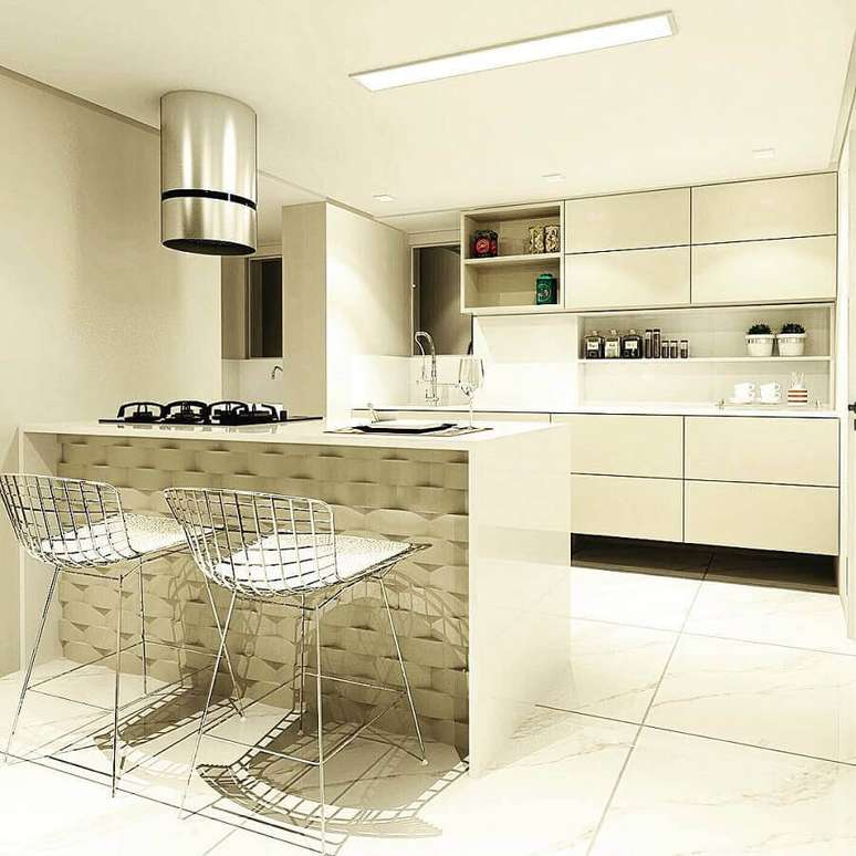 61. Decoração moderna para cozinha compacta branca e exaustor redondo de inox