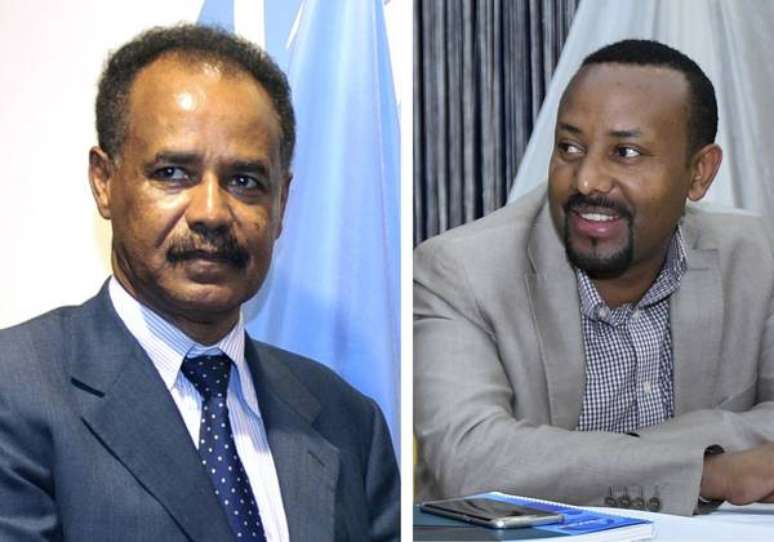 Isaias Afewerki, presidente da Eritreia (esquerda), e Abiy Ahmed, primeiro-ministro da Etiópia (direita)