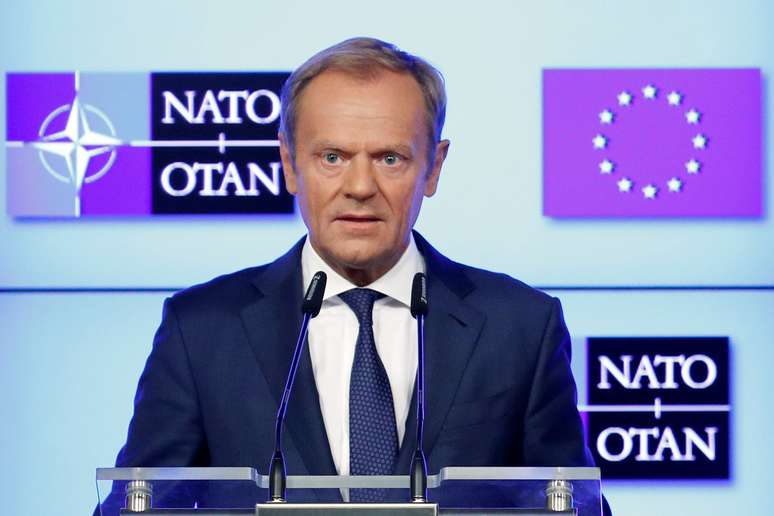 Presidente do Conselho Europeu, Donald Tusk, fala após declaração conjunta sobre maior cooperação entre a União Europeia e a Otan
10/07/2018
REUTERS/Francois Lenoir