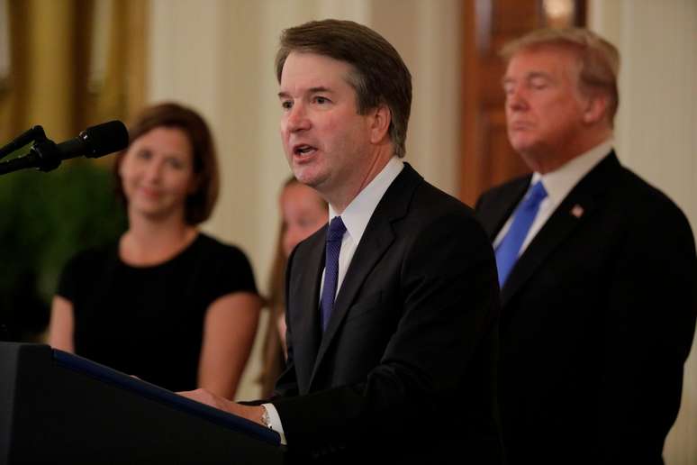 Brett Kavanaugh discursa, na presença de Donald Trump, após sua indicação à Suprema Corte