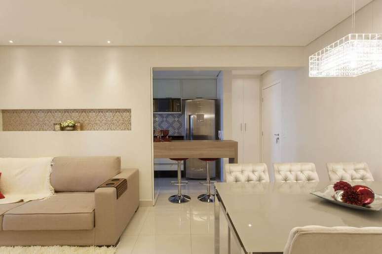 52. Paleta de cores bege para decora&ccedil;&atilde;o de sala de jantar e sala de estar integradas