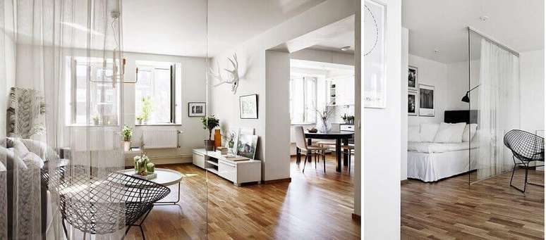 48. Quarto com parede de vidro e cortinha divis&oacute;ria de ambiente levando privacidade ao local