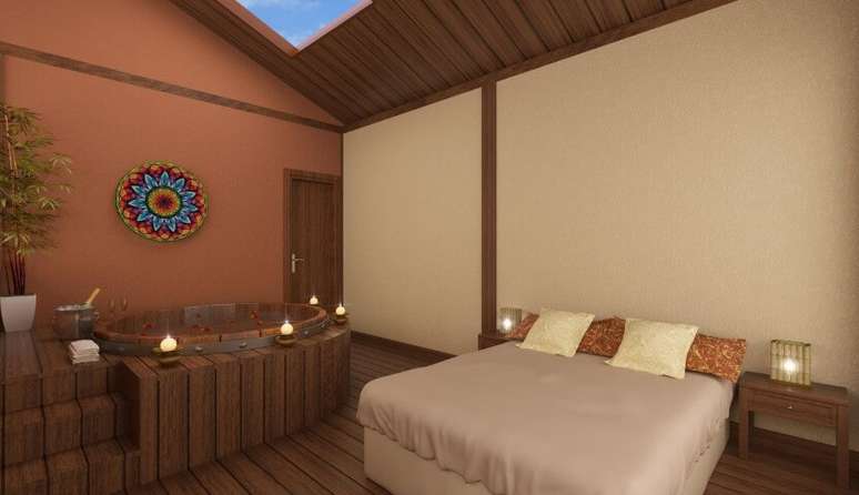 34. Su&iacute;te com visual r&uacute;stico e ofur&ocirc; de madeira. Projeto de Sandro Thalys Rodrigues Ramos