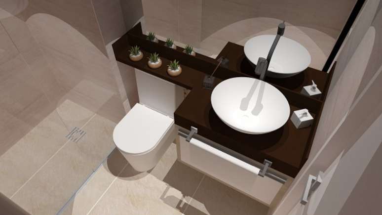 16 -Banheiro com bancada em granito marrom absoluto e cuba de sobrepor na cor branca.