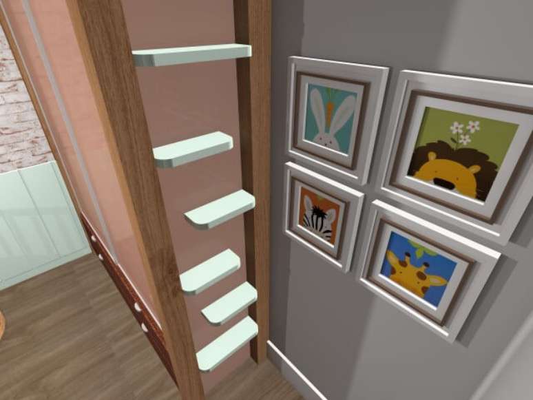 19. As prateleiras d&atilde;o espa&ccedil;o para organizar o c&ocirc;modo. Projeto de Priscila Mei Minku