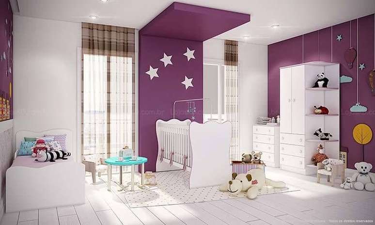 46. Quarto de beb&ecirc; menina em roxo e branco. Projeto de LojasKD