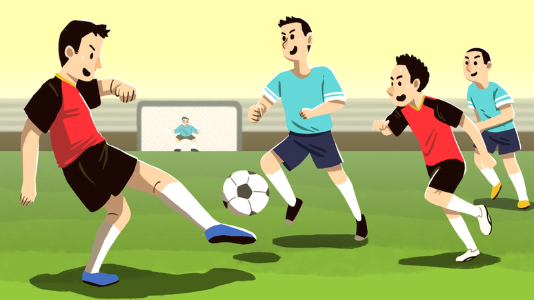 Três menino jogando futebol, criança futebol Cartoon Sport, jogar