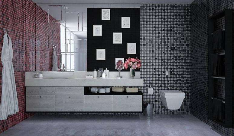 27. Banheiro com piso porcelanato cinza e pastilhas nas paredes