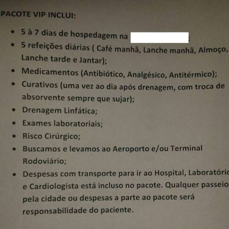 Exemplo de pacote para cirurgias plásticas na Bolívia ofertado na internet