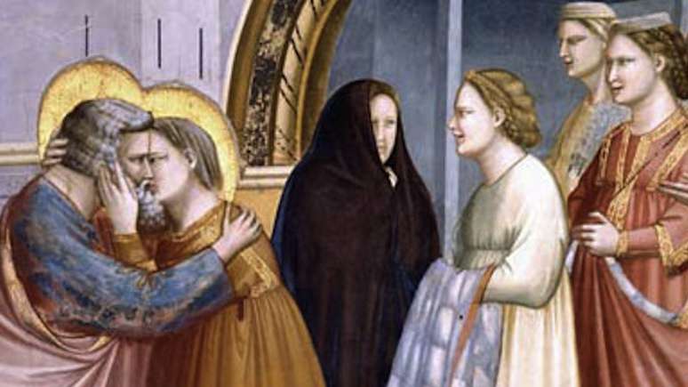 Foto que mostra Santa Ana e S&atilde;o Joaquim (Sant'Anna e San Gioacchino) pintados por Giotto na Cappella Degli Scrovegni, em P&aacute;dua