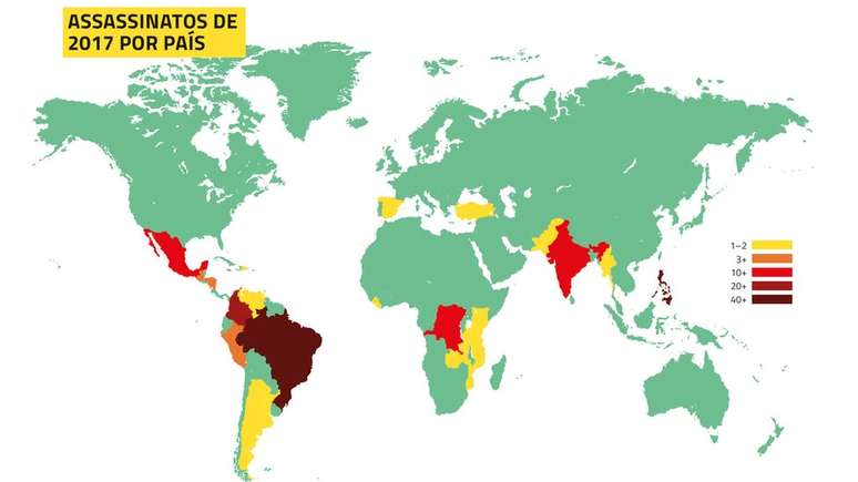 Mapa elaborado pela Global Witness mostra as regiões com mais mortes de ativistas no mundo; Brasil é o destaque - quanto mais vermelha a cor, maior o número de casos / Imagem: Global Witness