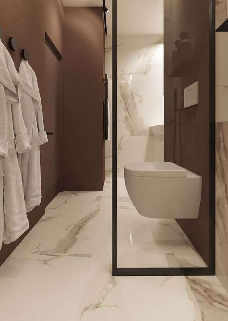 8. Banheiro sofisticado com mármore calacatta oro – Foto: Pinterest]