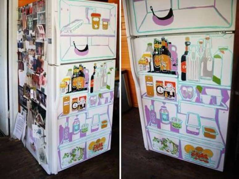 21. Geladeira divertida com estampa que imita o interior de uma geladeira