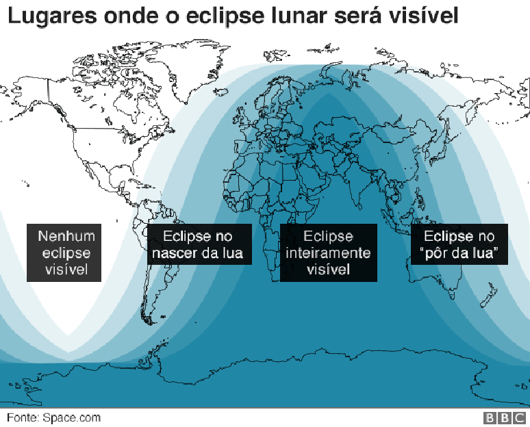 Gráfico sobre onde será visível o eclipse