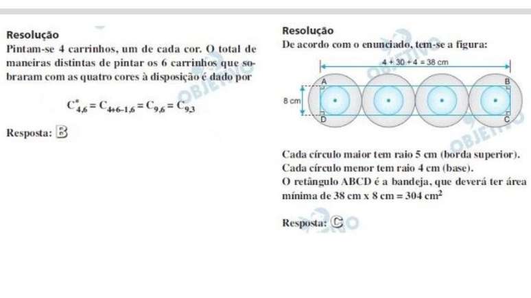 A resolução (acima à esq) da questão que abre o texto, segundo professores da rede Objetivo