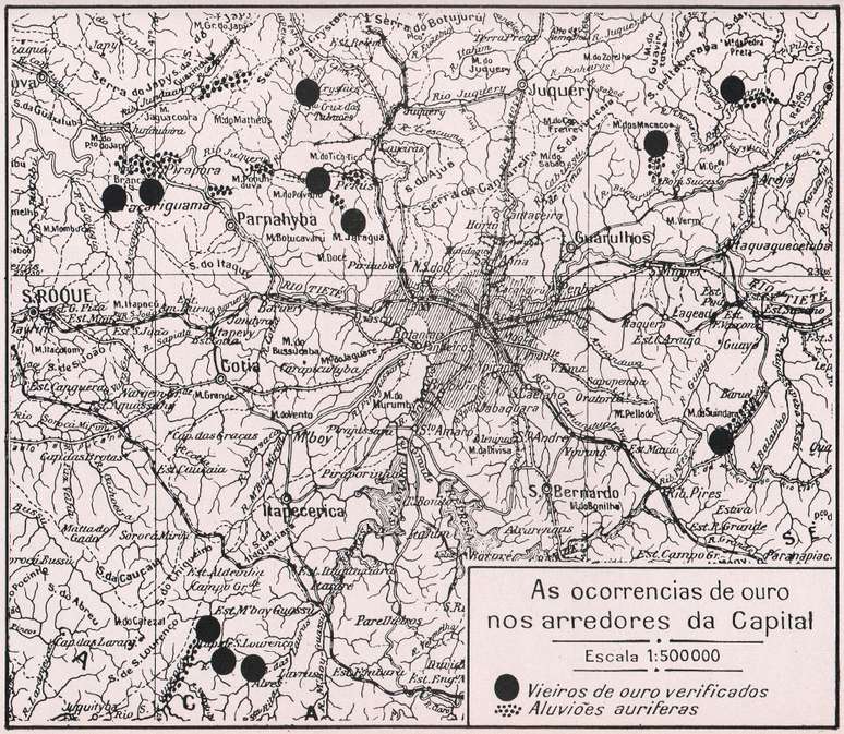 O mapa é de um livro editado em 1939, e mostra locais onde o ouro teria sido extraído em São Paulo