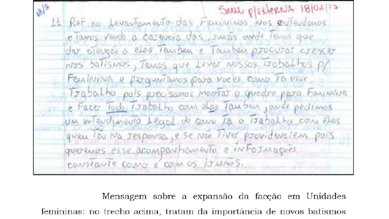 Trecho de denúncia do Ministério Público falando da ampliação de batismos nas unidades femininas