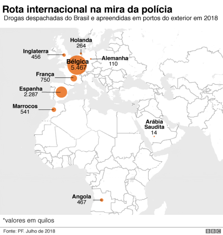 Mapa onde drogas foram apreendidas em 2018, até julho