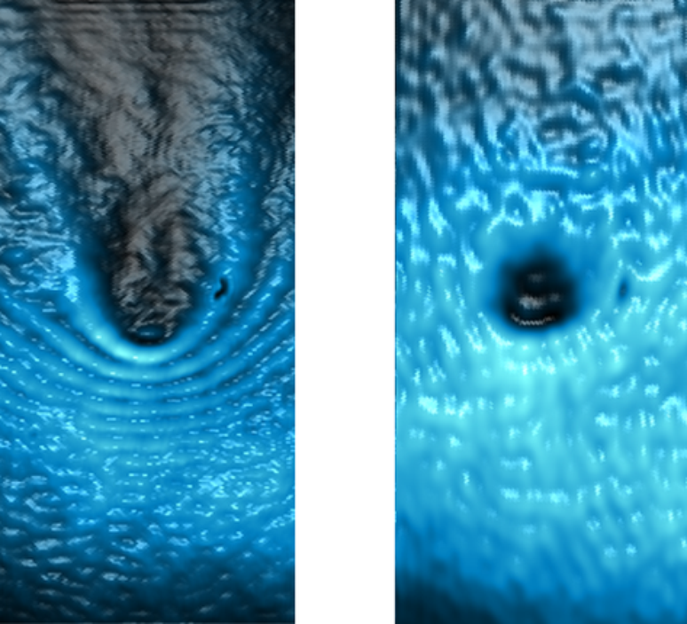 &Agrave; esquerda: a luz encontra um obst&aacute;culo antes de se tornar um superfluido. &Agrave; direita: a luz encontra um obst&aacute;culo depois de se tornar superfluido