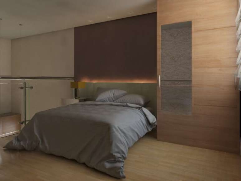 25. O chão e a parede de madeira combinam bem com a roupa de cama sóbria da cama box. Projeto de Barbara Silva