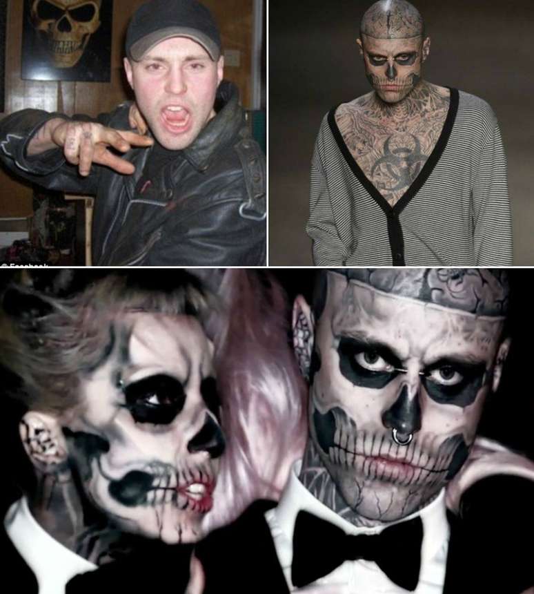 Acima, o Zombie Boy antes de tatuar o rosto e o crânio, num desfile da Mugler e no clipe de ‘Born This Way’ com Lady Gaga