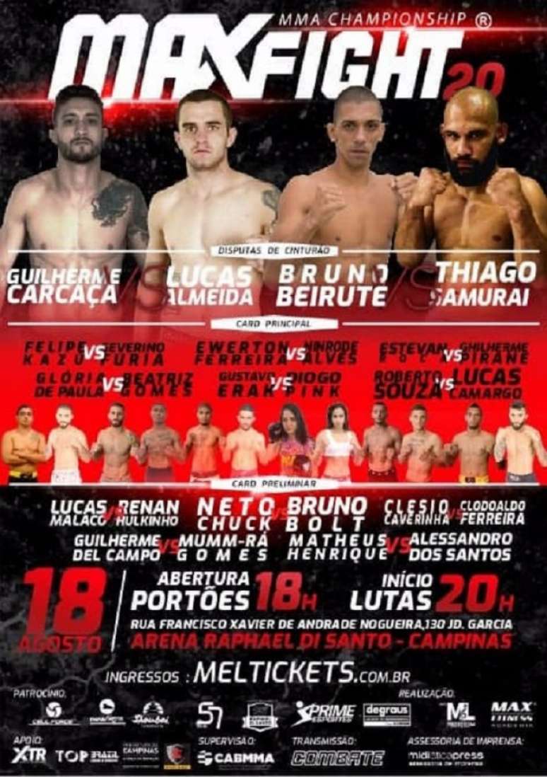 Max Fight 20 será realizado no dia 18 de agosto, em Campinas, com duas disputas de cinturão (Foto: Divulgação)