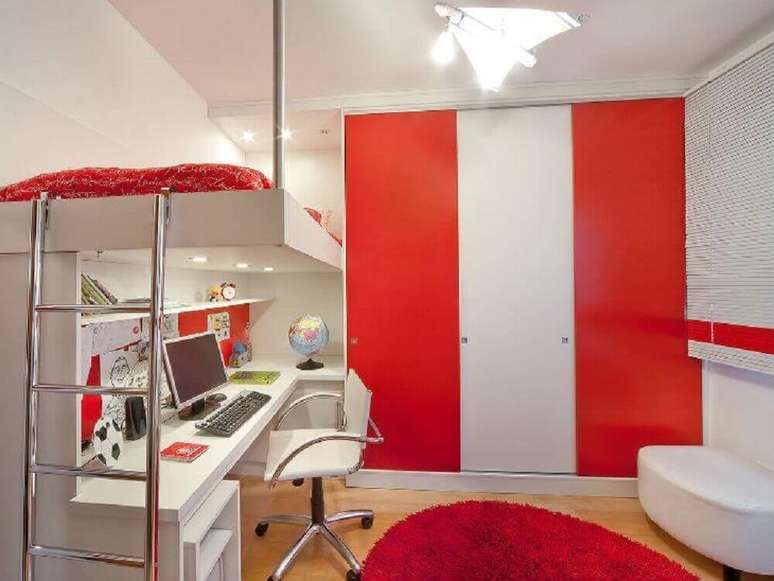 40. Inspiração de decoração para quarto de solteiro todo vermelho e branco – Foto: Aclaene de Mello Arquitetura