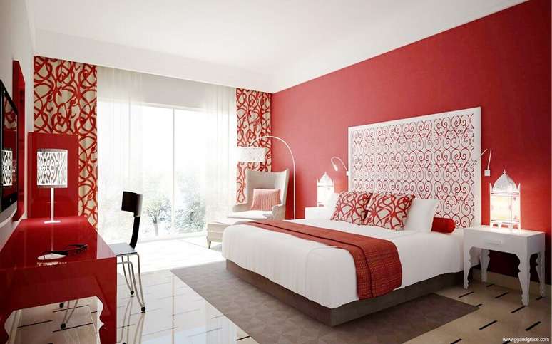 7. A cortina vermelha para quarto também pode possuir estampas ou mesmo uma tonalidade mais escura e menos viva – Foto: Home Design