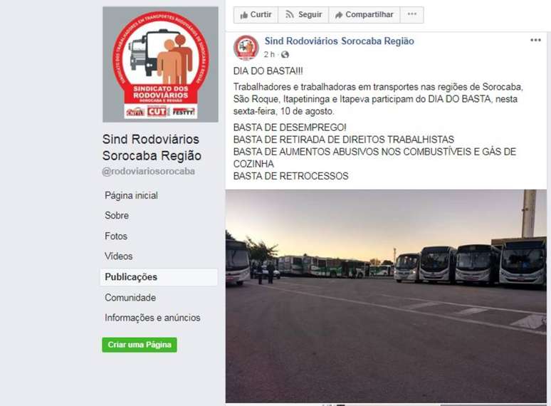 Sindicato dos Rodoviários de Sorocaba e Região diz que paralisação foi decidida por centrais sindicais em protesto