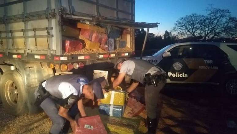 Policiais rodoviários encontraram 4,4 toneladas de maconha escondidas sob uma carga de milho a granel em Teodoro Sampaio, extremo oeste de São Paulo