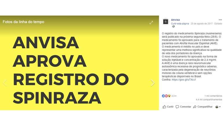 Em agosto de 2017, a Anvisa anunciou a aprovação da medicação contra a AME no Brasil; medida reduziu o custo de aquisição das doses para atender a demandas judiciais