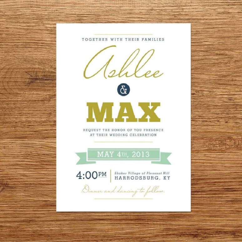 64. Para uma cerimônia e festa de casamento mais descontraída, invista em um layout de convite de casamento barato e simples colorido e divertido – Foto: Local Bprinting and Graphic Design