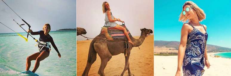 A apresentadora pratica kitesurf, anda de camelo no Marrocos e curte uma praia na Espanha