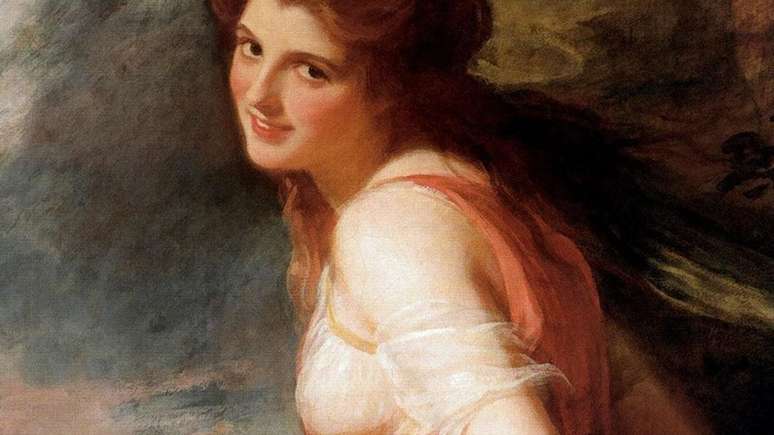 George Romney produziu várias telas de sua musa, Lady Hamilton: nesse, de 1785, ela é mostrada como uma seguidora de Baco, o deu do vinho e da intoxicação (Foto: Wikimedia)