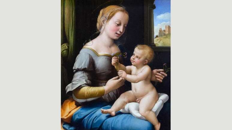 Em 'Madonna dos Cravos' do mestre da Renascença Rafael, um bebê Cristo entrega um ramo de cravos à Virgem Maria